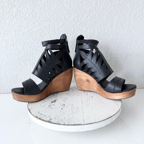 Lane Boots BECCA Womens Black Wedges 8 Western Sandals Cowgirl Wooden Heels - Picture 7 of 10